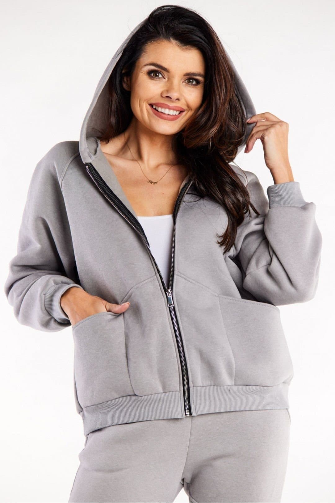 Love Lace Love Lace Women's Loose Zip Up Hooded Sweatshirt with Pockets in Grey