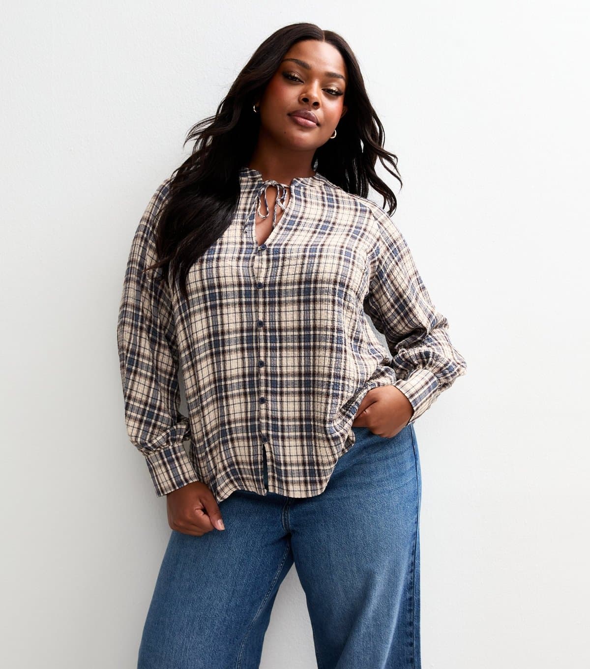 New Look New Look Blue Checked Tie Neck Blouse Plus Size