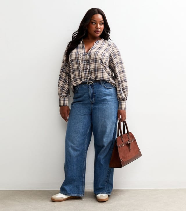 New Look Women's Plus Size Blue Checked Tie Neck Blouse Curves New Look - 3