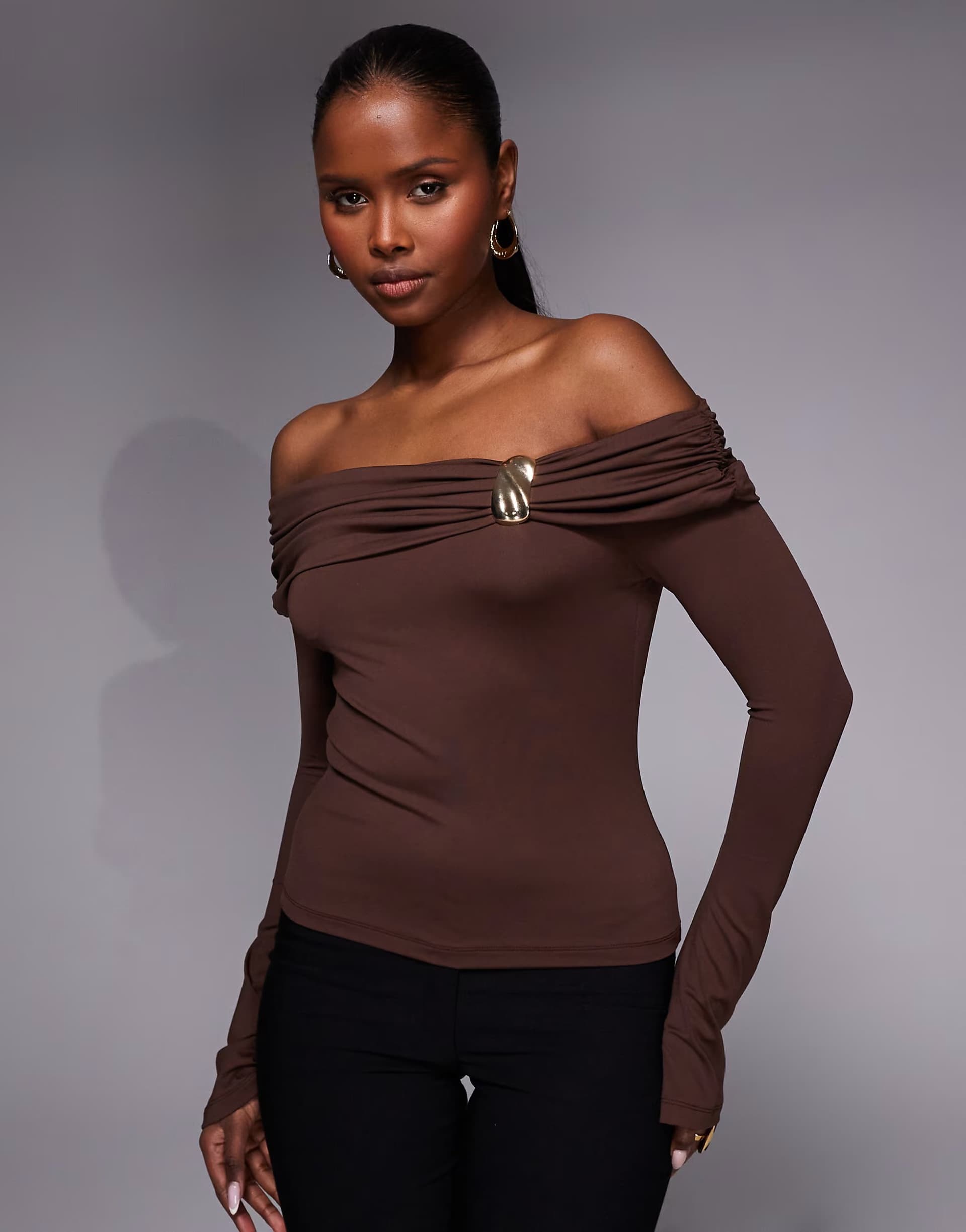ASOS ASOS DESIGN polyamide bardot top with gold trim detail in chocolate