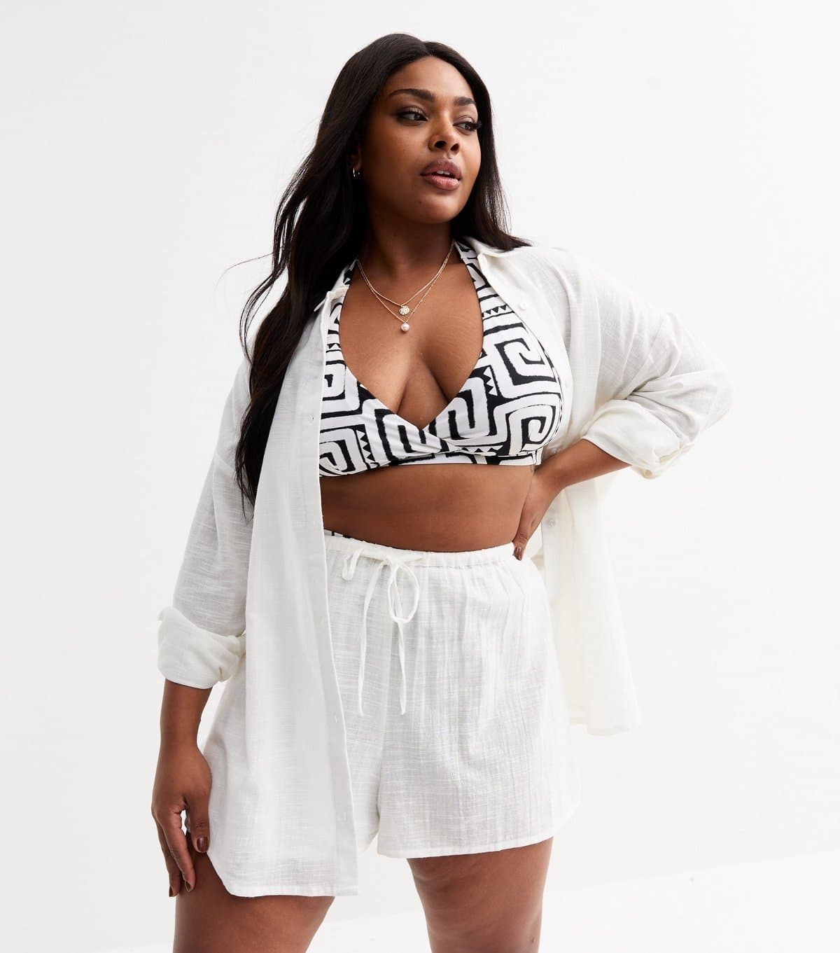 New Look Women's Plus Size White Drawstring Waist Slubbed Shorts Curves New Look