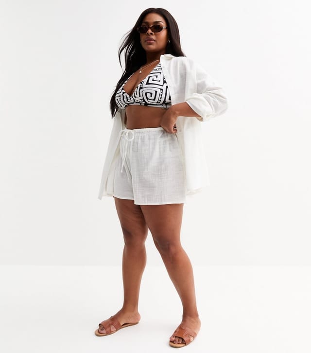New Look Women's Plus Size White Drawstring Waist Slubbed Shorts Curves New Look - 3