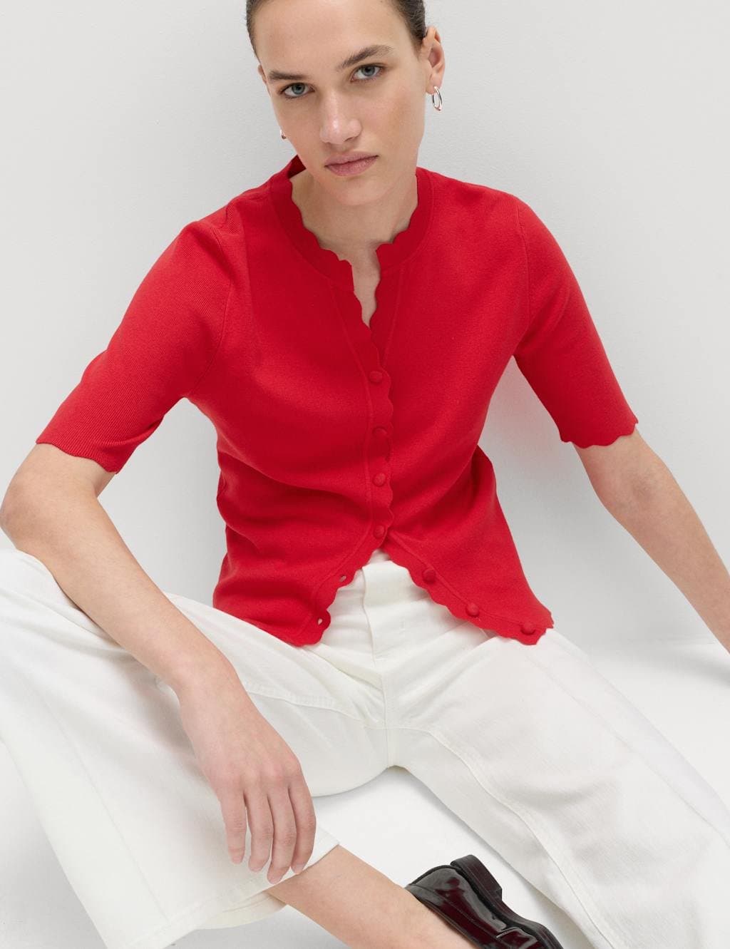 Marks & Spencer M&S Chilli Ribbed Scallop Edge Slim Fit Cardigan