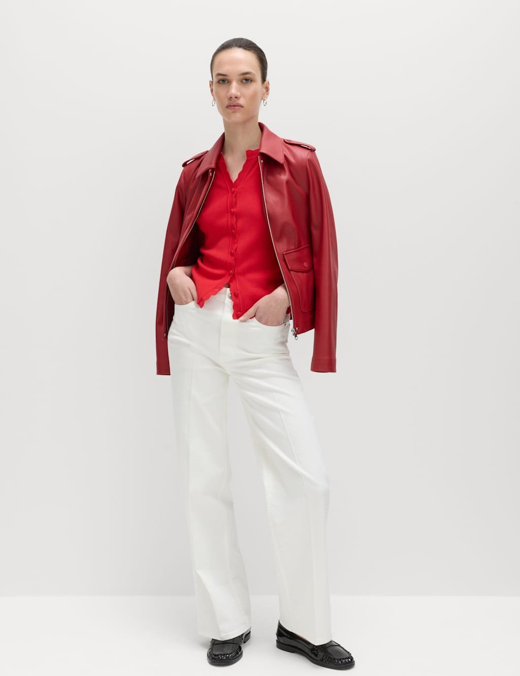 Marks & Spencer M&S Ribbed Scallop Edge Slim Fit Cardigan Chilli - 2