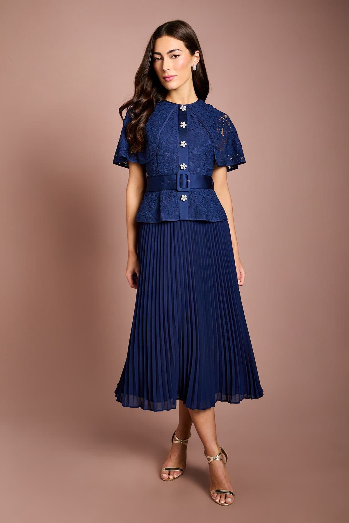 Coast Coast Women's Cape Sleeve Lace 2 in 1 Pleated Skirt Midi Dress in Navy