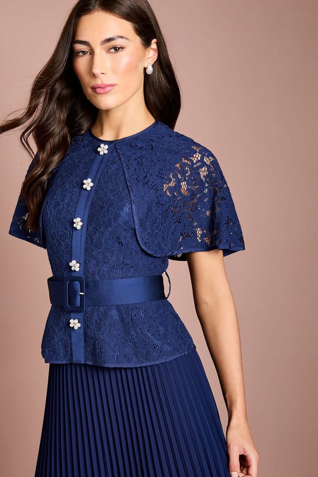 Coast Coast Women's Cape Sleeve Lace 2 in 1 Pleated Skirt Midi Dress in Navy - 2