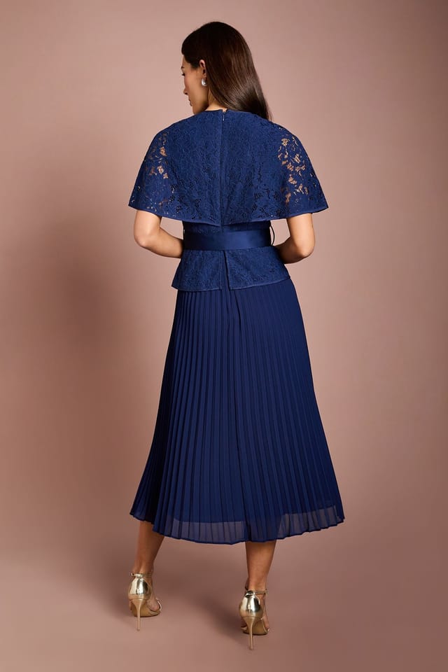 Coast Coast Women's Cape Sleeve Lace 2 in 1 Pleated Skirt Midi Dress in Navy - 3