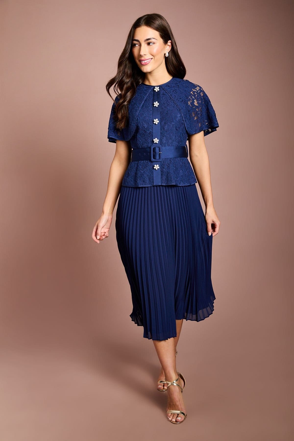 Coast Coast Women's Cape Sleeve Lace 2 in 1 Pleated Skirt Midi Dress in Navy - 4