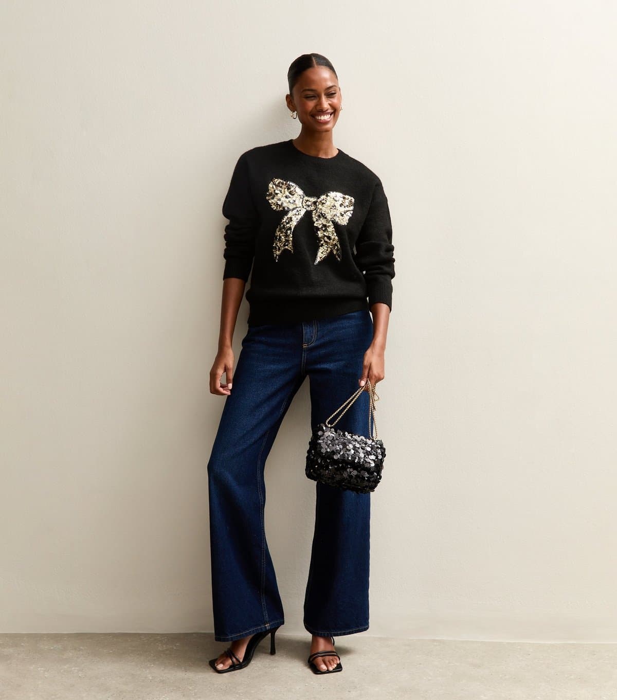 New Look Women's Black Sequin Bow Crew Neck Jumper New Look