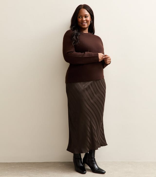 New Look Women's Plus Size Dark Brown Striped Satin Bias Cut Midi Skirt Curves New Look - 3