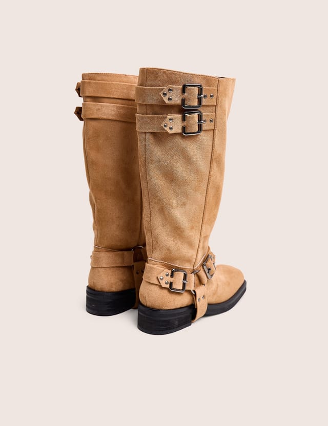 Public Desire Rooftop Taupe Faux Suede Vintage Knee High Biker Boots - 3