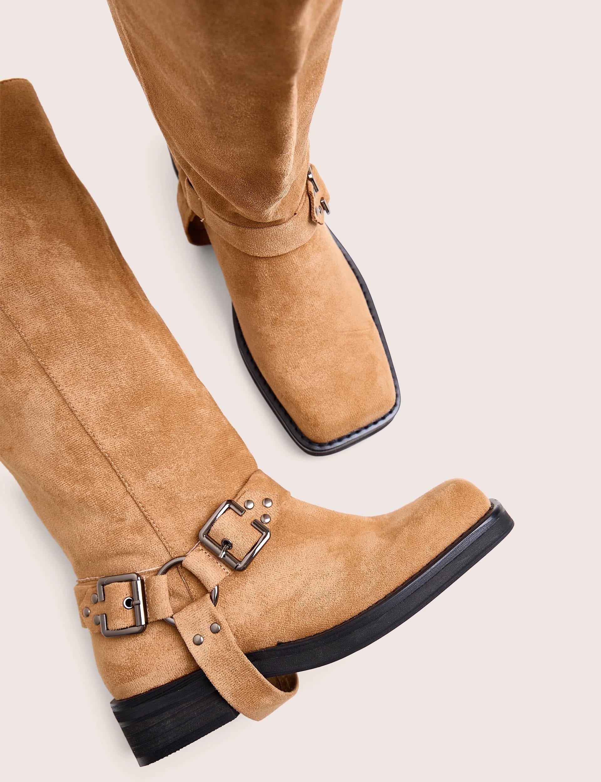 Public Desire Rooftop Taupe Faux Suede Vintage Knee High Biker Boots - 4