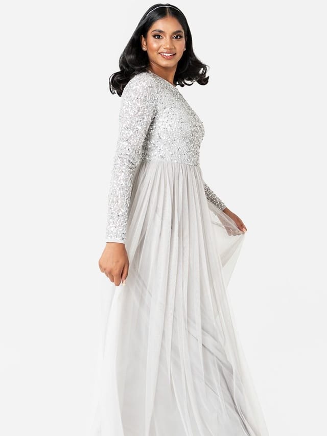 Maya Deluxe Maya Deluxe Women's Embellished Long Sleeve Maxi Dress in Grey - 2
