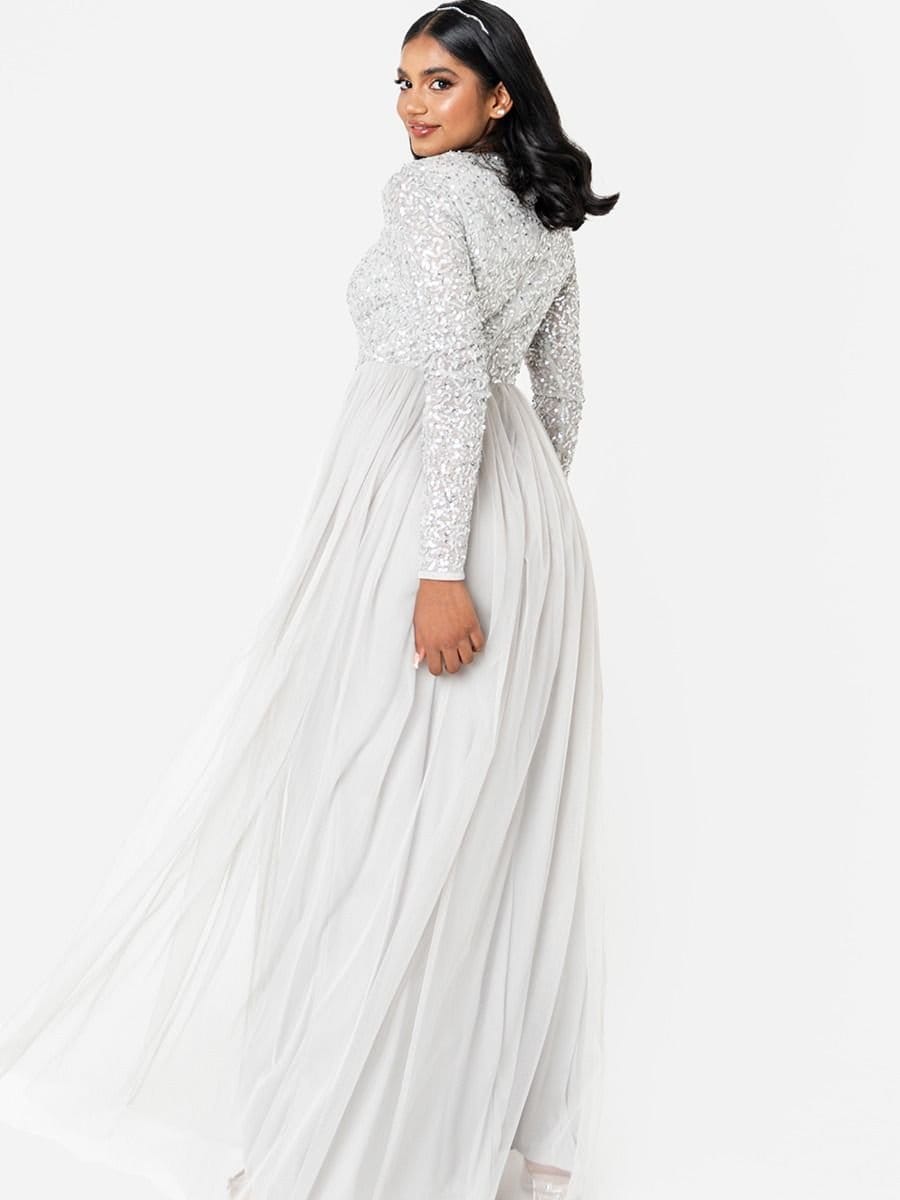 Maya Deluxe Maya Deluxe Women's Embellished Long Sleeve Maxi Dress in Grey - 4