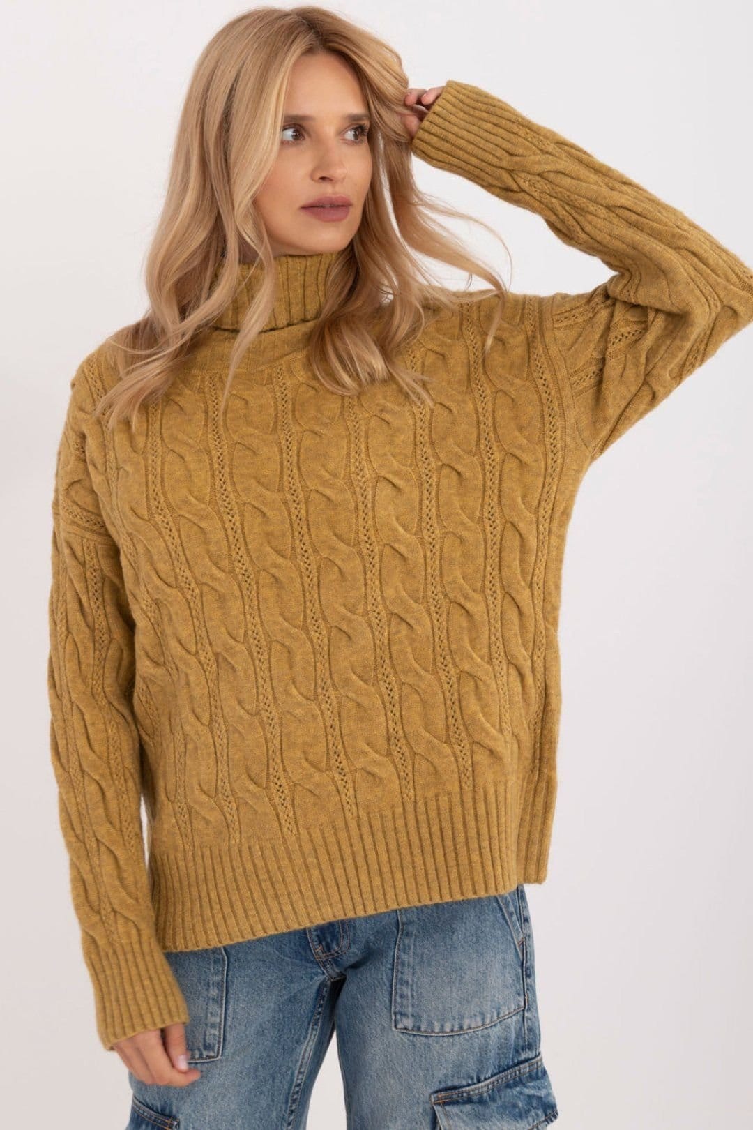 Love Lace Mustard Turtleneck Sweater in Acrylic Mix