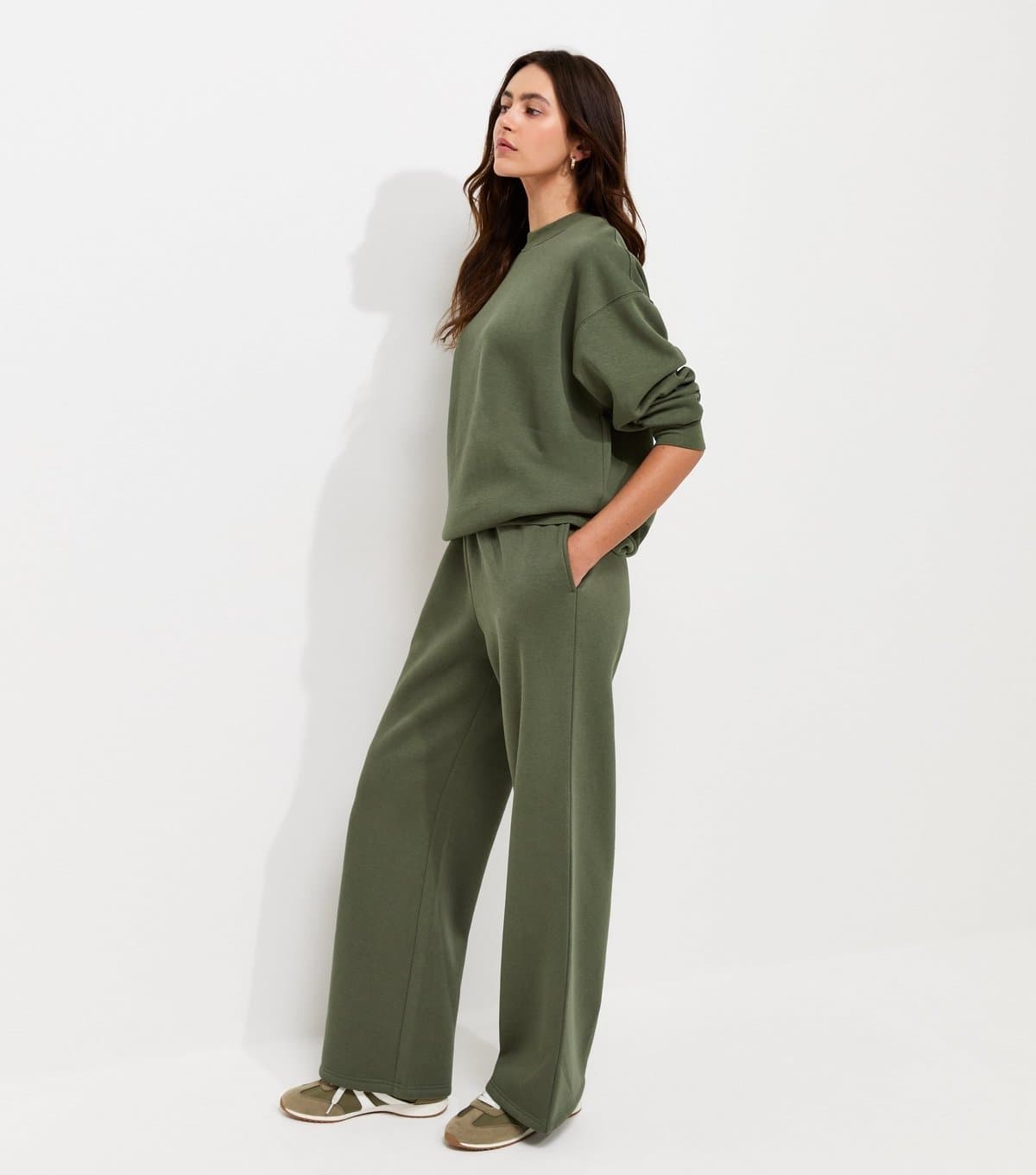 New Look Women's Dark Khaki Cotton Rich Wide Leg Joggers New Look