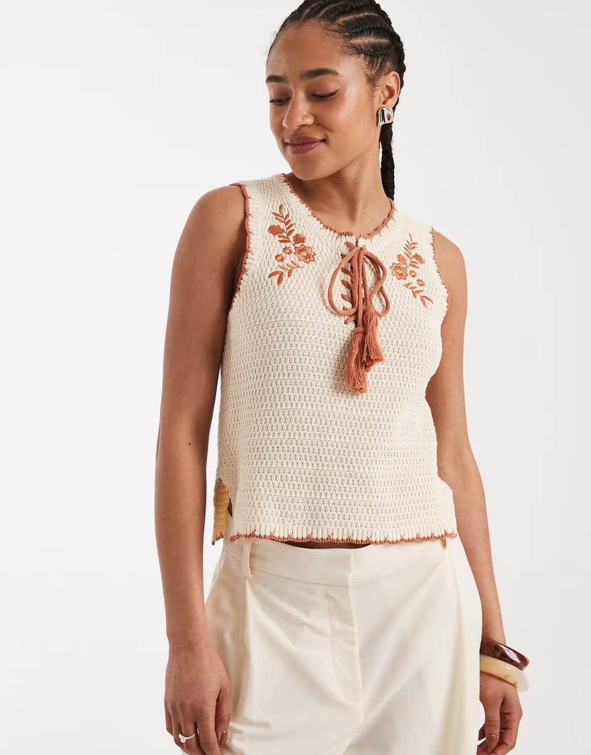 ASOS New Look crochet embroidered knitted vest in cream - 1