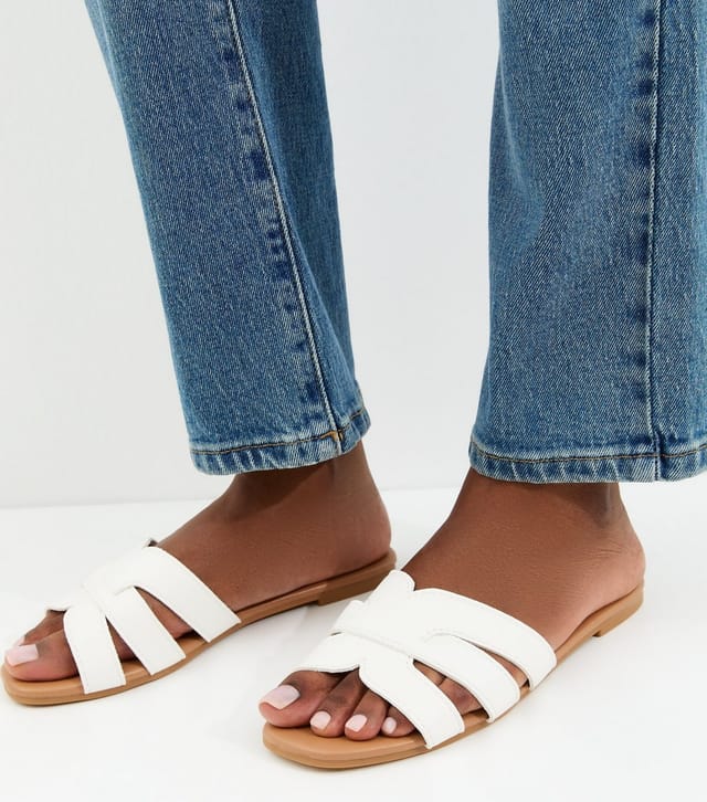New Look Women's White Faux Leather Interwoven Strap Flat Mule Sandals Vegan New Look - 2