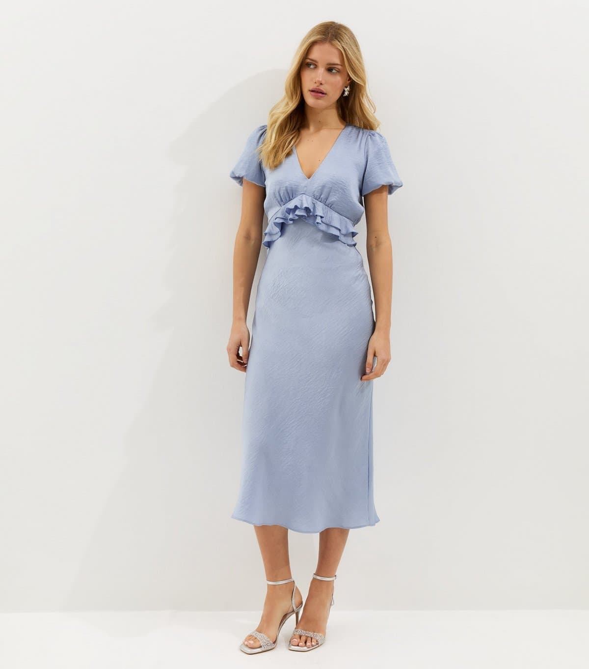 New Look Women's Blue Satin Ruffle Trimmed V-Neck Midi Dress New Look