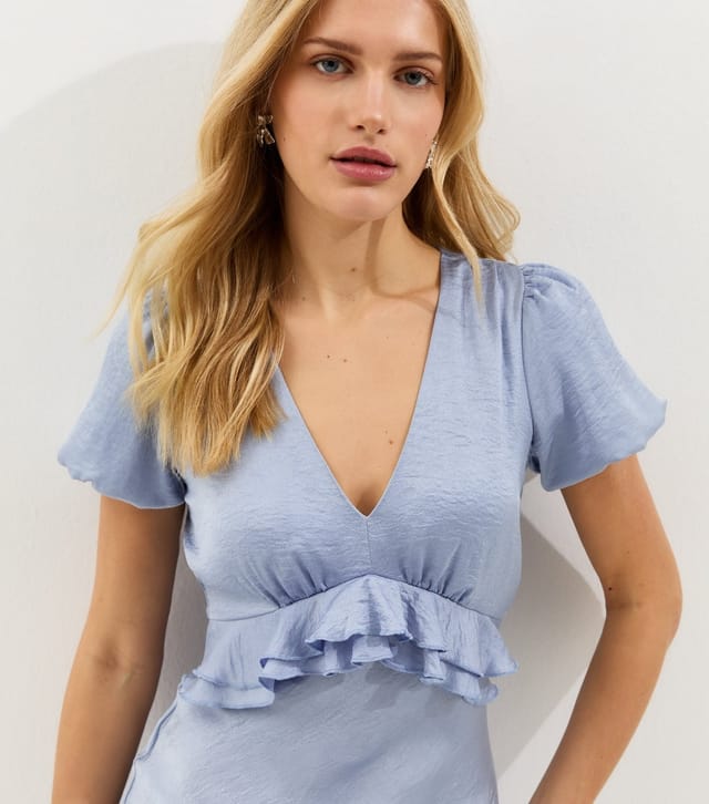New Look Women's Blue Satin Ruffle Trimmed V-Neck Midi Dress New Look - 2