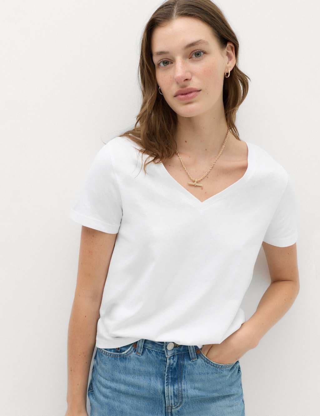 Marks & Spencer M&S Pure Cotton V-Neck T-Shirt Soft White