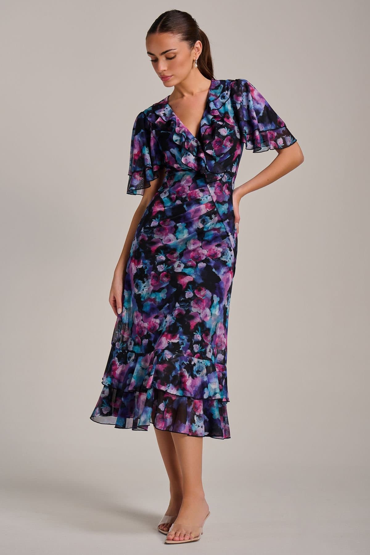 Jolie Moi Jolie Moi Women's Ruffle Detail Ruched Mesh Midi Dress in True Black