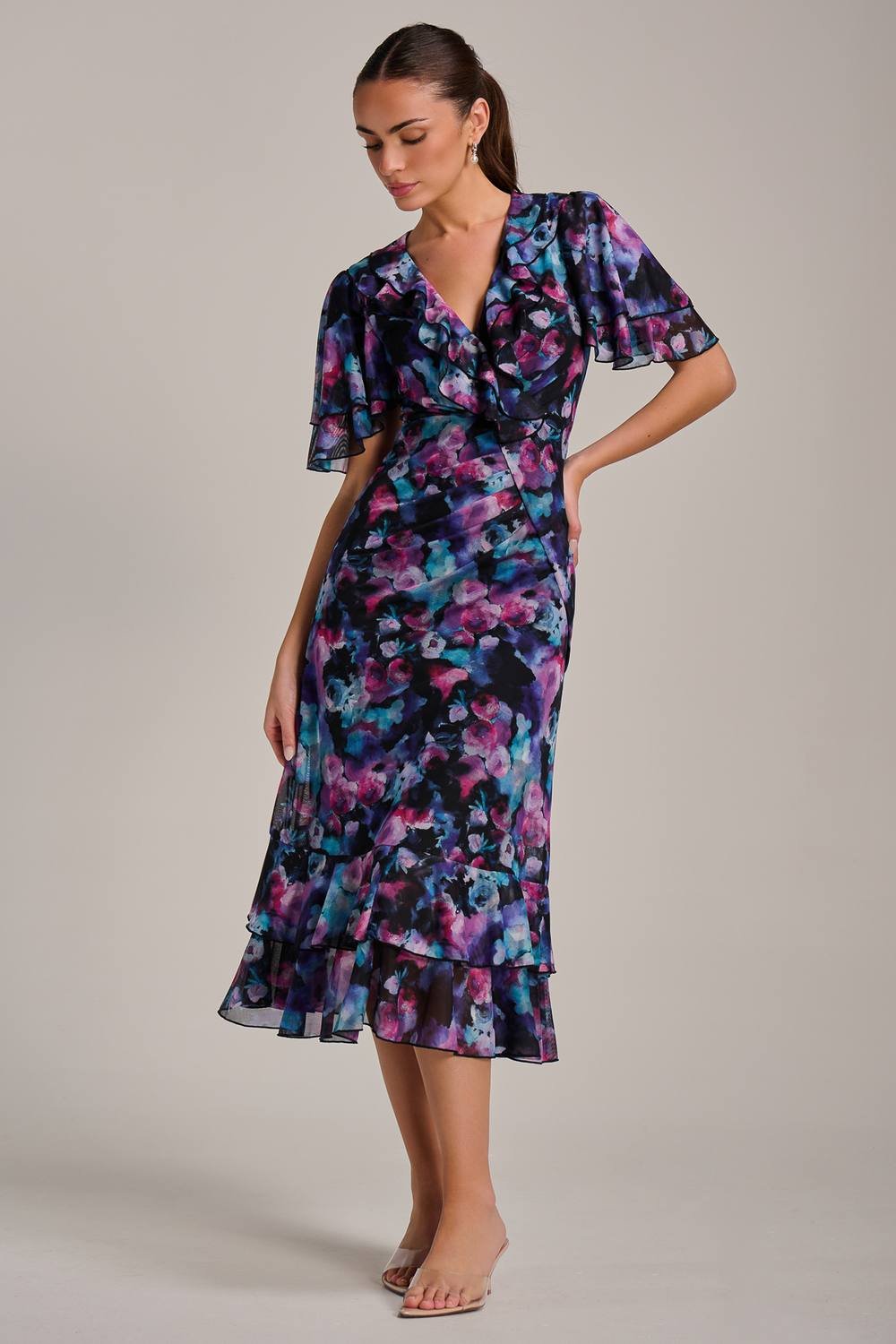 Jolie Moi Jolie Moi Women's Ruffle Detail Ruched Mesh Midi Dress in True Black - 2