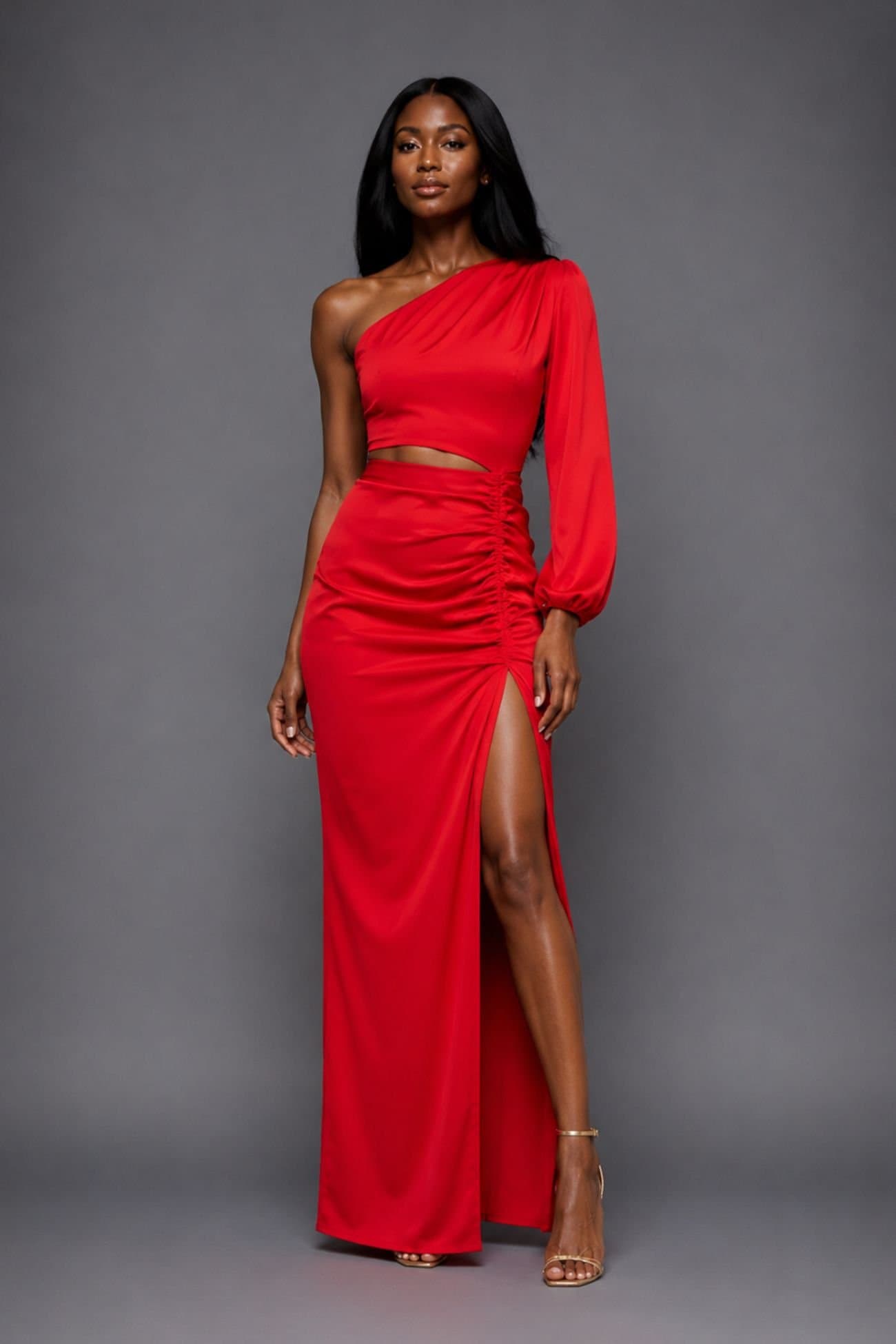 Vesper Vesper Women's One Sleeve Maxi Dress in Red