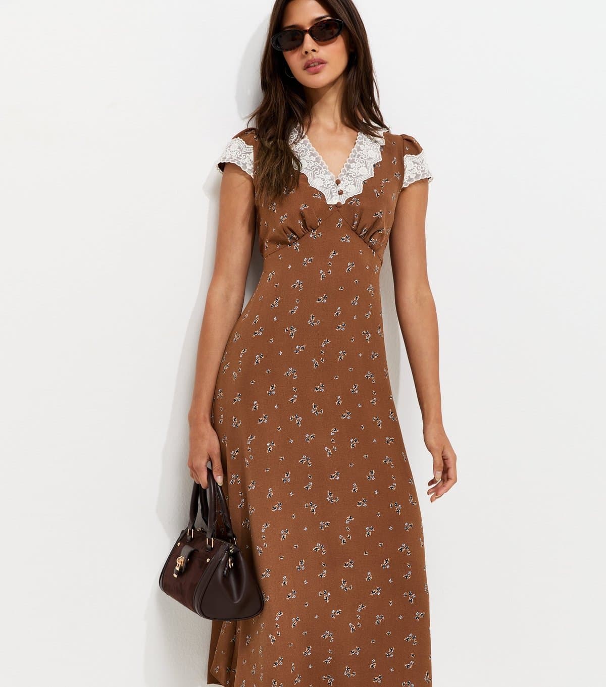 New Look Women's Brown Ditsy Print Lace Trim Midi Tea Dress New Look