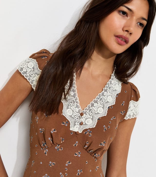 New Look Women's Brown Ditsy Print Lace Trim Midi Tea Dress New Look - 2