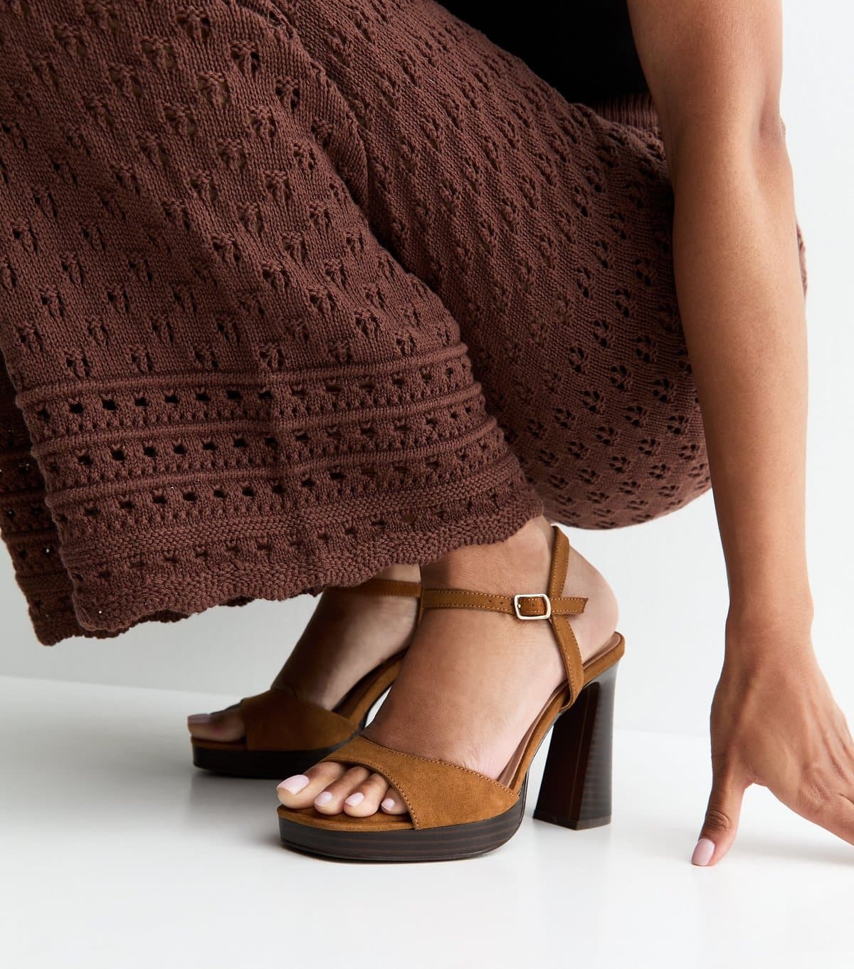 New Look Women's Tan Faux Suede High Heel Platform Sandals Vegan New Look