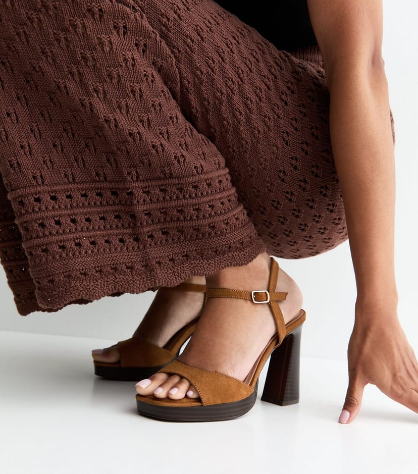 New Look Women's Tan Faux Suede High Heel Platform Sandals Vegan New Look - 1