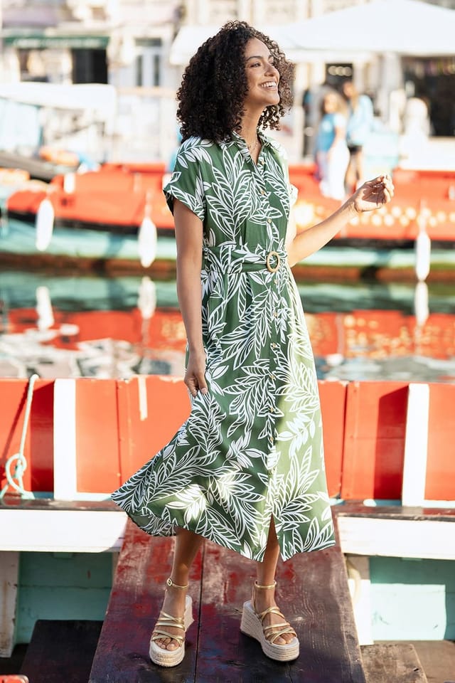 Yumi Yumi Women's Green Leaf Print Viscose Relaxed Midi Shirt Dress - 3