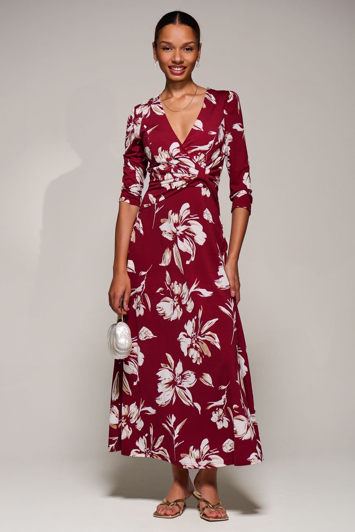 Jolie Moi Jolie Moi Women's Jersey Ruched Waist Fit & Flare Maxi Dress in Burgundy