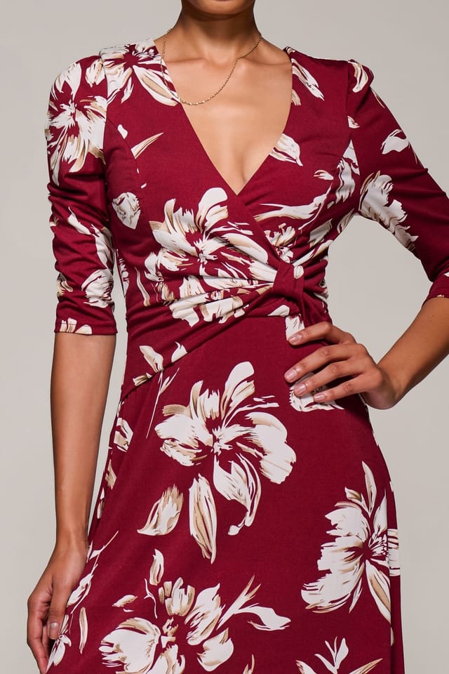 Jolie Moi Jolie Moi Women's Jersey Ruched Waist Fit & Flare Maxi Dress in Burgundy - 3