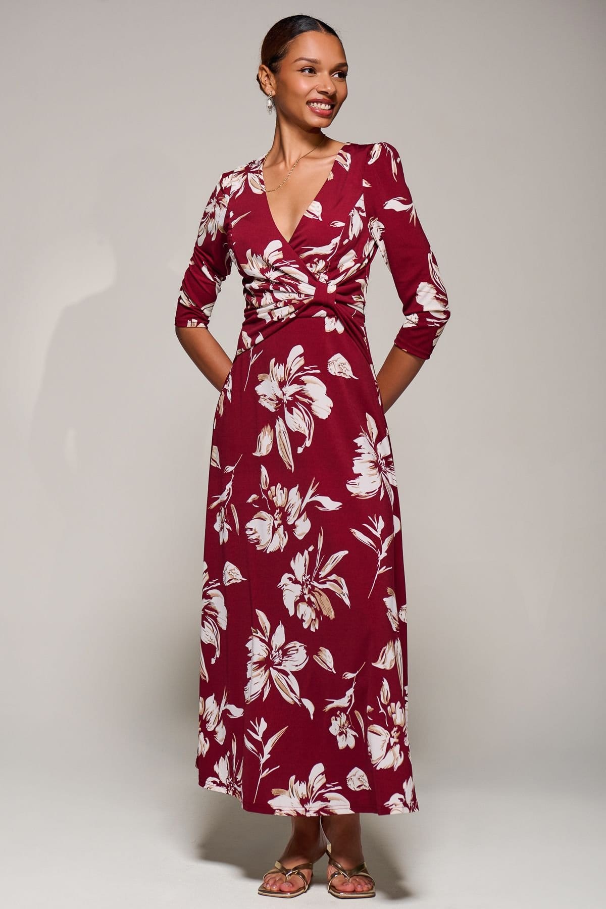 Jolie Moi Jolie Moi Women's Jersey Ruched Waist Fit & Flare Maxi Dress in Burgundy - 4