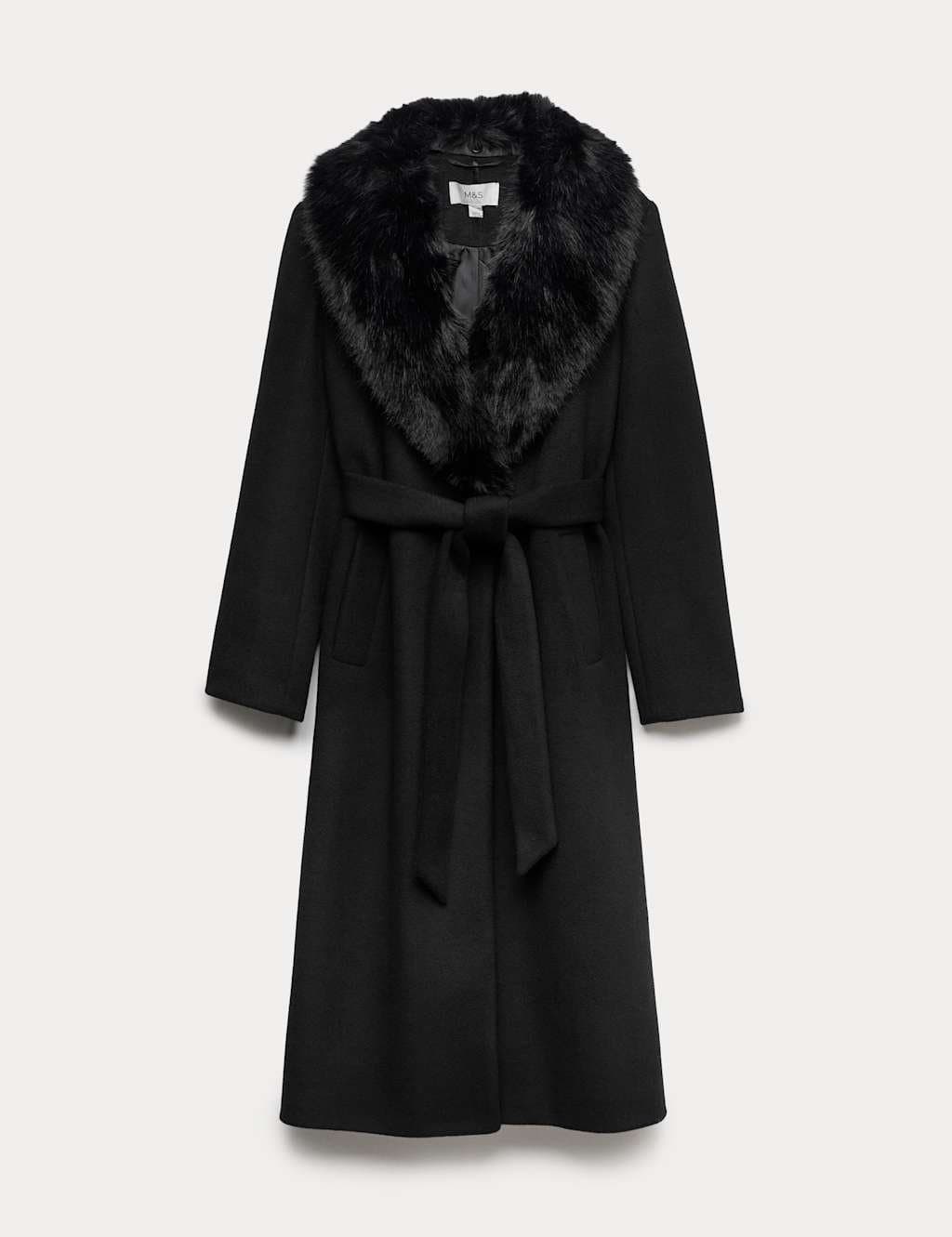 Marks & Spencer M&S Collared Faux Fur Trim Single Breasted Coat Black
