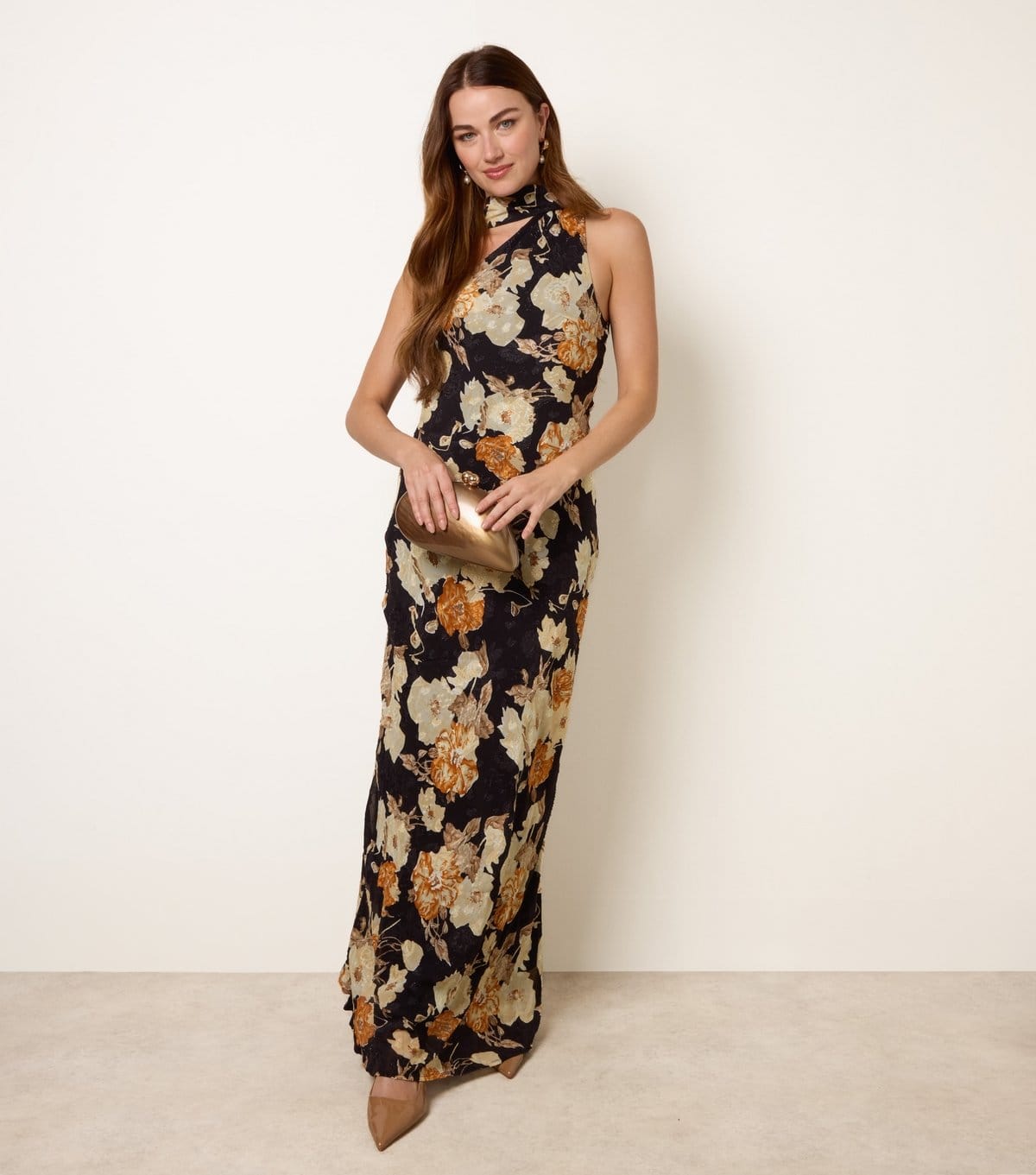 Blue Vanilla Black Floral Halter Neck Maxi Dress