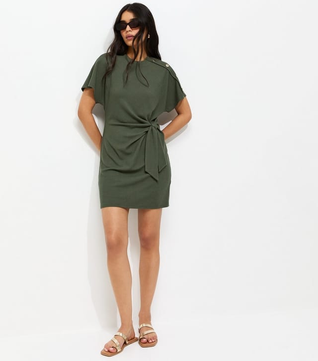 New Look Women's Khaki Ribbed Faux Button Twist Mini Dress New Look - 3