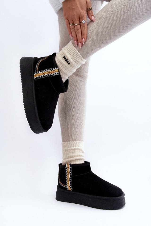 Love Lace Love Lace Women's Aztec Pattern Platform Snow Boots with Fur Lining Rubber Sole in Black - 3
