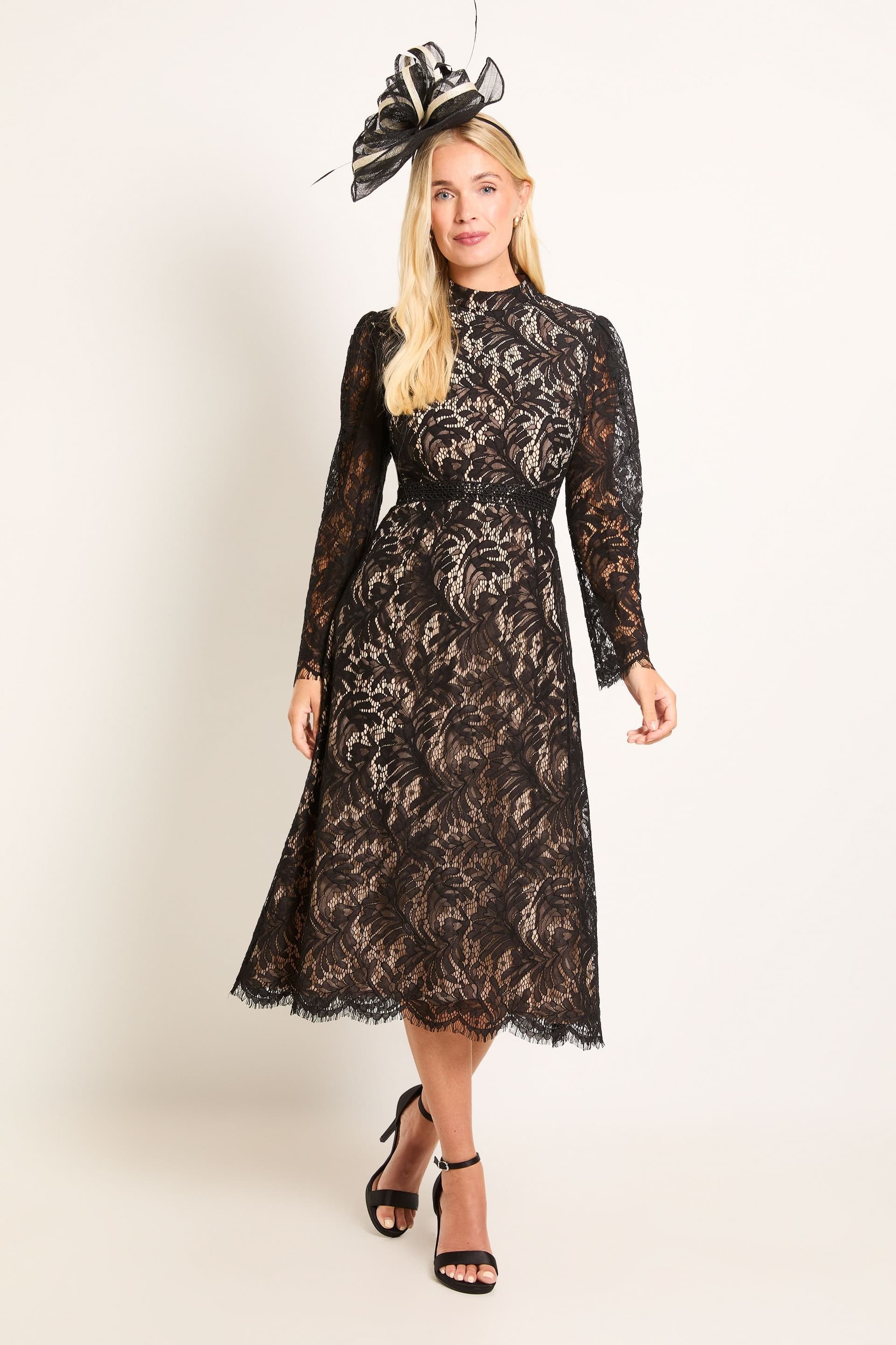 Wallis Wallis Women's Petite Lace Trim Fit & Flare Midi Dress in Black