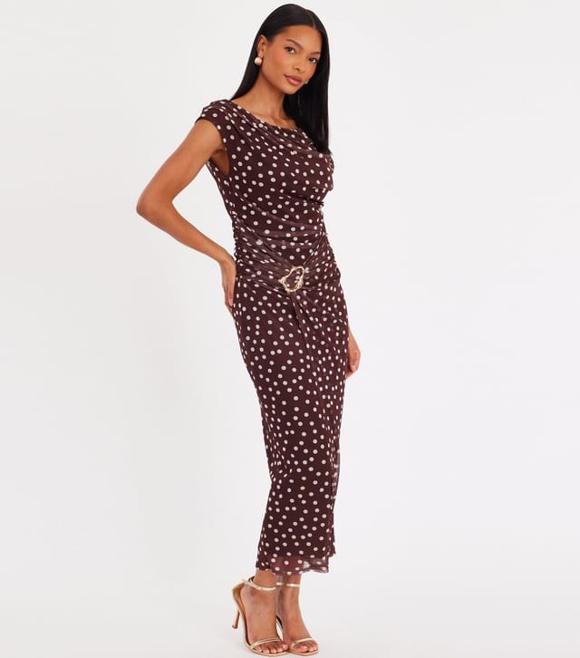 Quiz Women's Dark Brown Polka Dot Mesh Midaxi Dress Quiz New Look - 3
