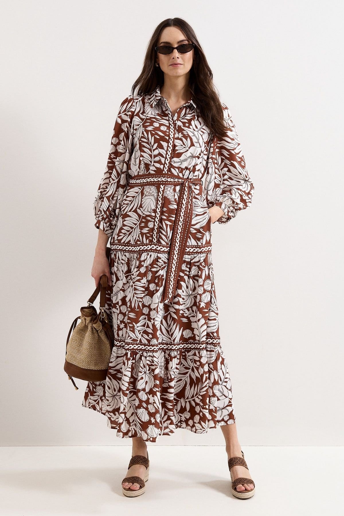 Phase Eight Chocolate Floral Print Midi Shirt Dress