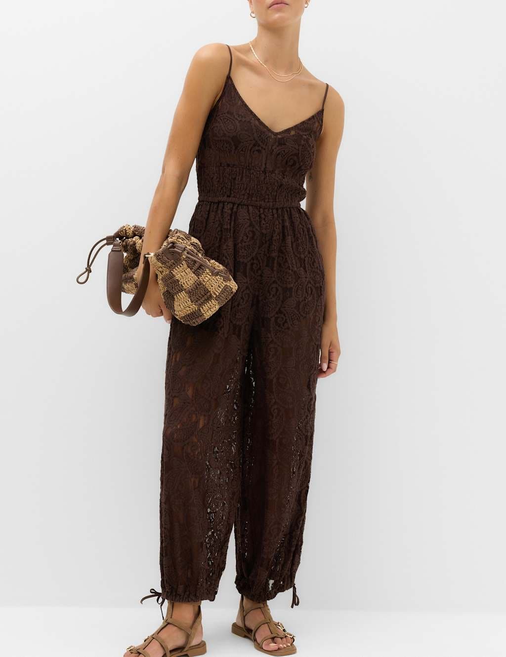Marks & Spencer M&S Cotton Rich Lace Balloon Jumpsuit Peat