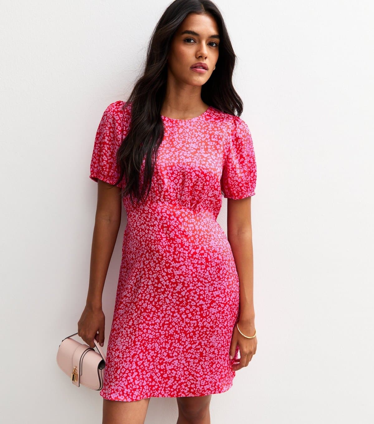 New Look Women's Pink Disty Print Open Back Satin Mini Dress New Look