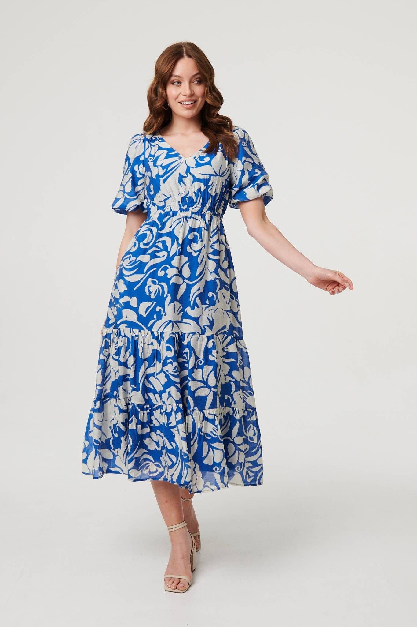 Izabel London Izabel London Women's Floral Puff Sleeve Tiered Midi Dress in Blue