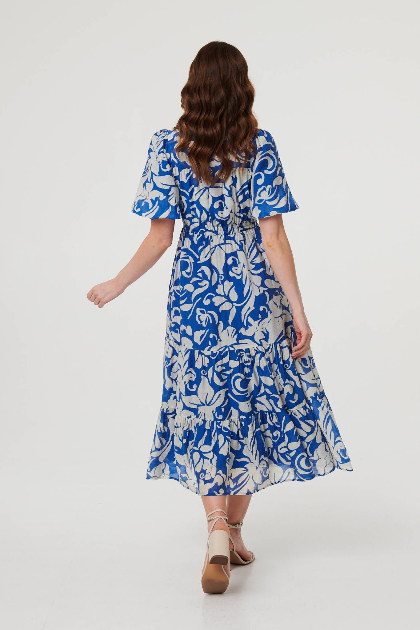 Izabel London Izabel London Women's Floral Puff Sleeve Tiered Midi Dress in Blue - 3