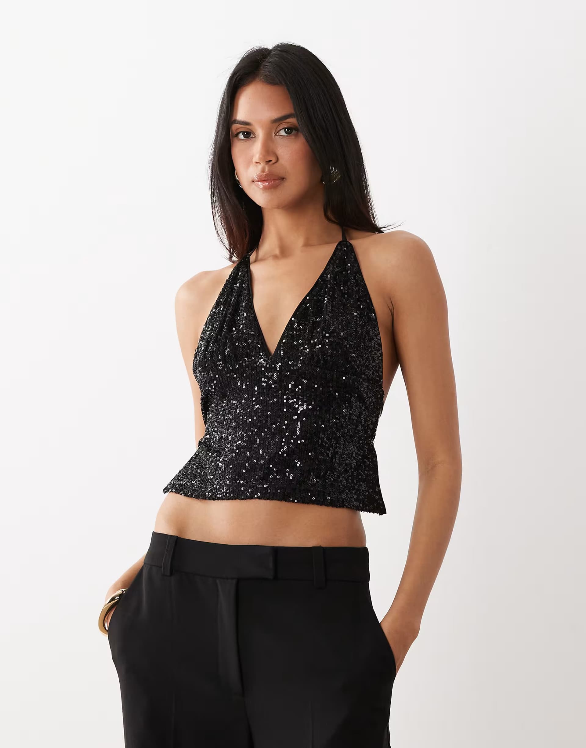 ASOS ASOS DESIGN sequin backless halter neck top in black
