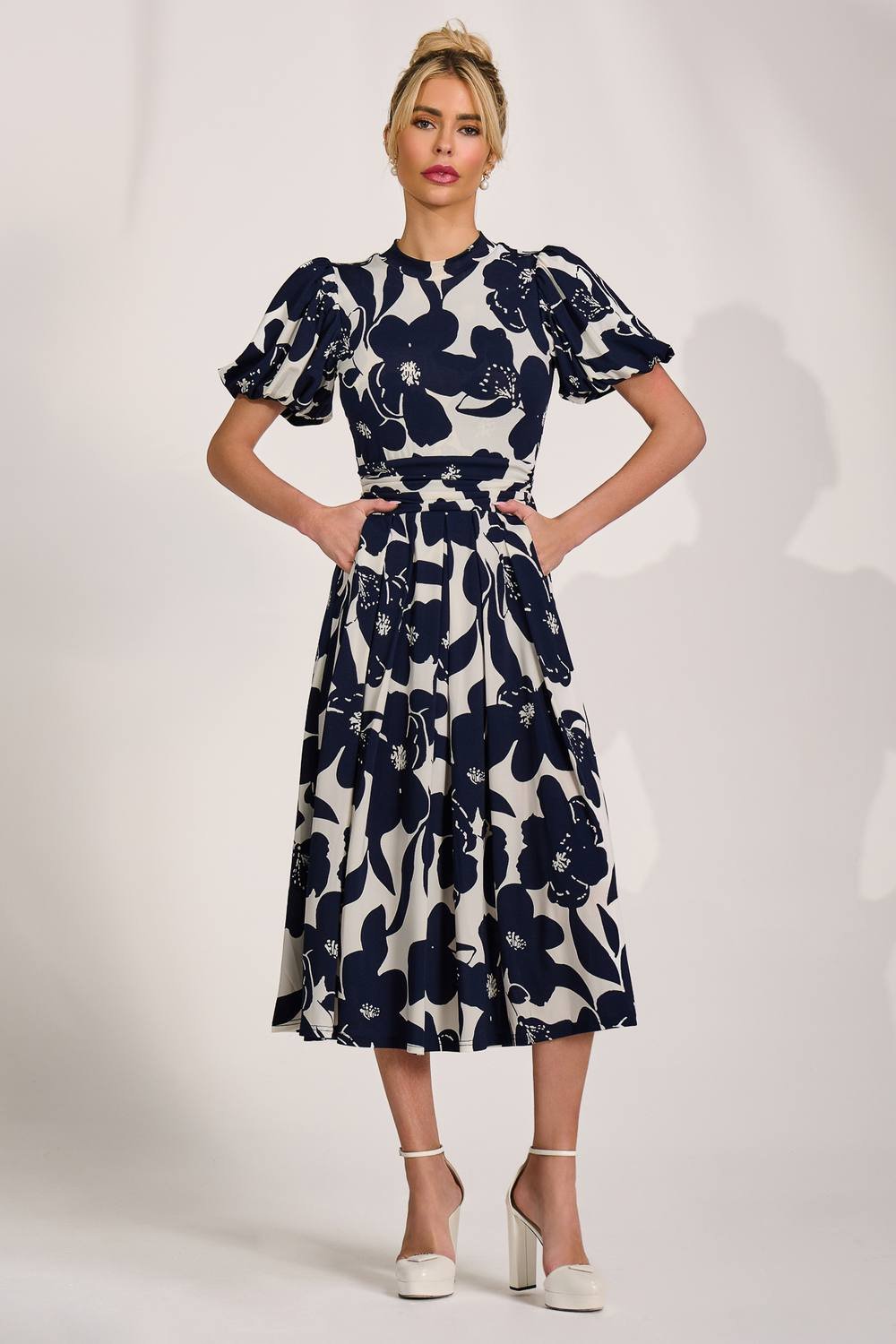 Jolie Moi Jolie Moi Women's Turtle Neck Puff Sleeve Jersey Midi Dress in Cream - 3