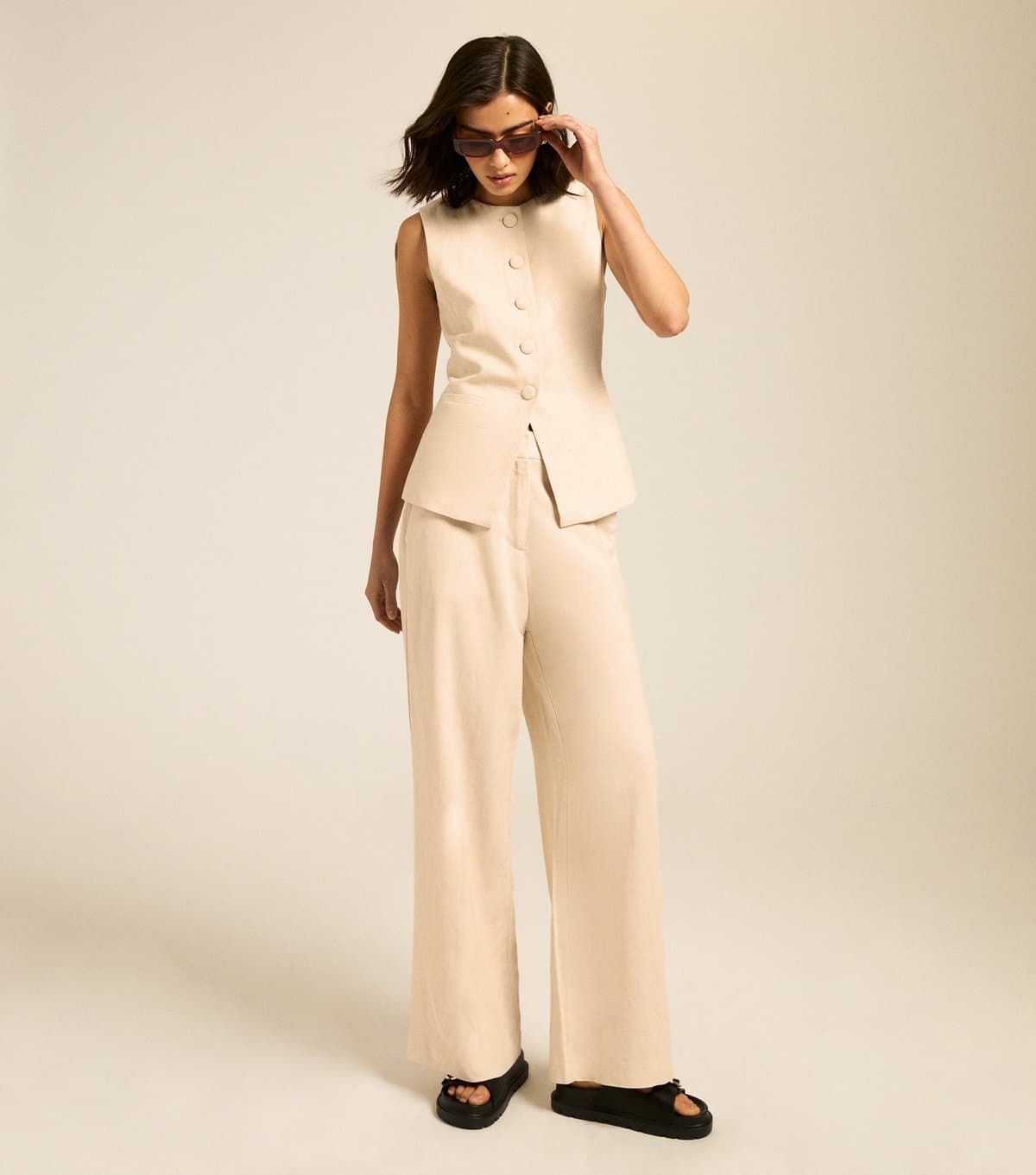 New Look Women's Stone Linen Blend Wide Leg Trousers New Look